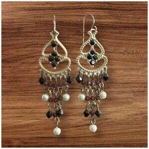 Silver-Tone Black and Pearl Chandelier Earrings